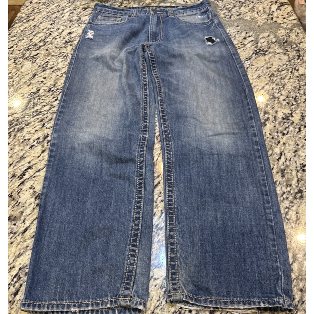 Vintage Knockout Baggy Jeans Men 32 X 32 Blue Faded Embroidered Denim Loose Y2K